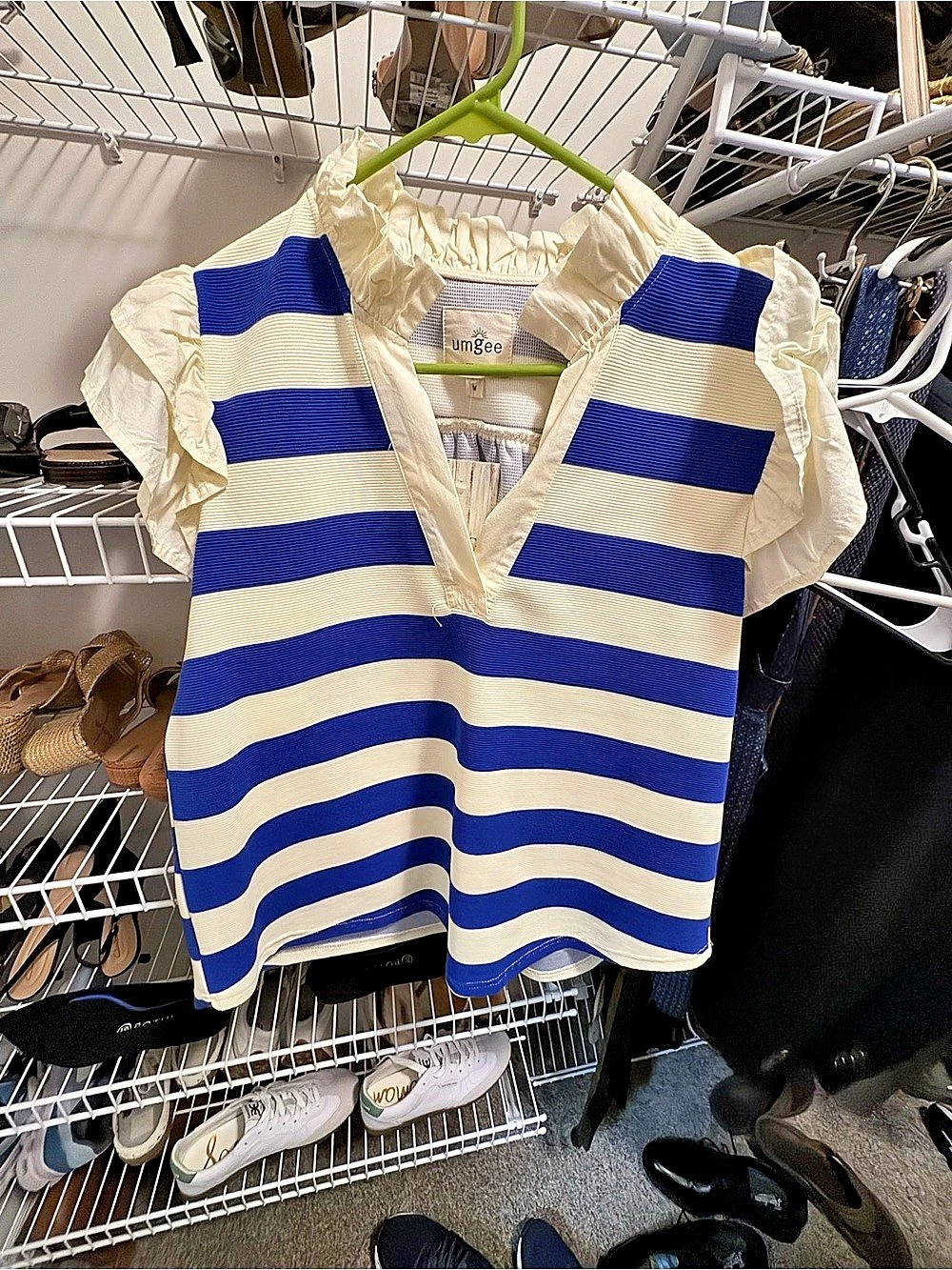Umgee Stripe Ruffle Top Striped Blouse Blue & Cream NWT